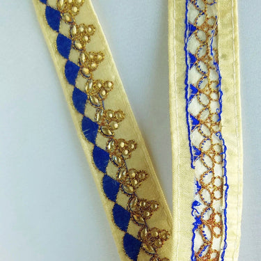Beige Fabric Trim With Gold And Fuchsia Pink / Royal Blue Embroidery, Kundan Work Embellishments - 200317L144 / 145